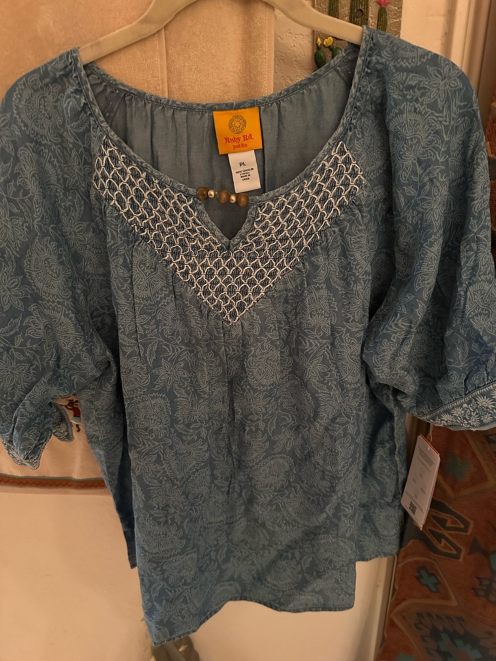 Ruby Rd. Light Blue Floral Smocked V-Neck Tunic